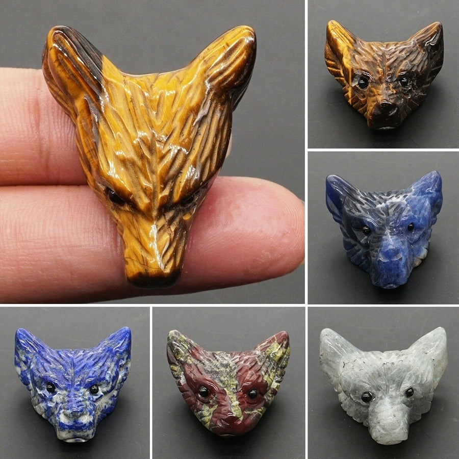 Natural Crystal Stone Carved Wolf Head Statue Necklace Pendant DIY Handwork Image 1