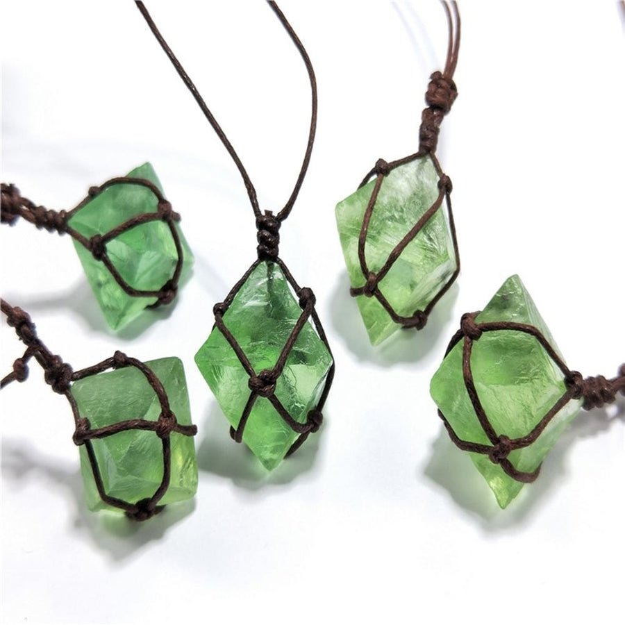 Women Octahedral Faux Fluorite Stone Pendant Woven Rope Necklace Jewelry Gift Image 1