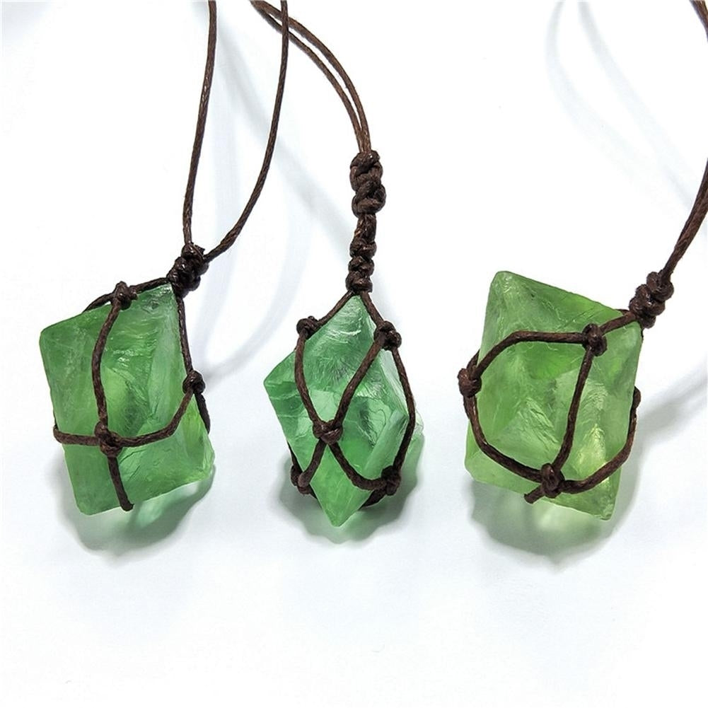 Women Octahedral Faux Fluorite Stone Pendant Woven Rope Necklace Jewelry Gift Image 4