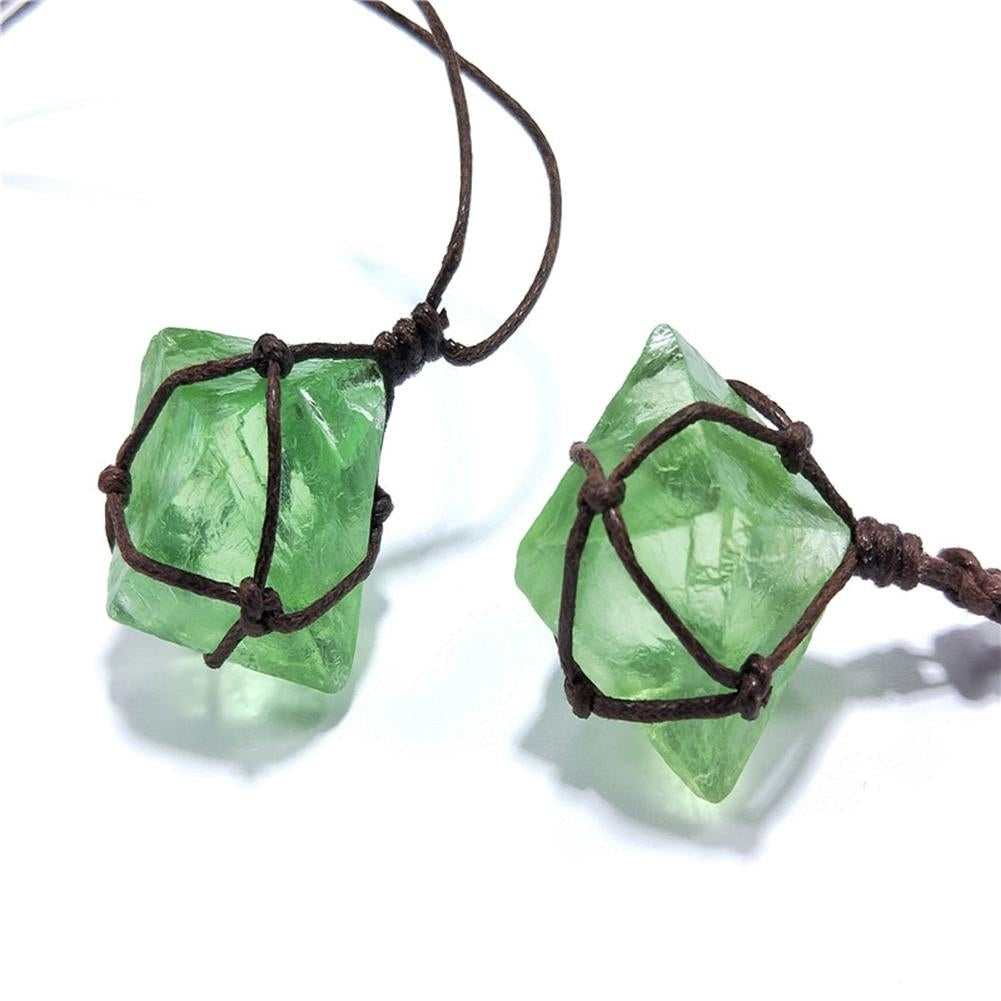 Women Octahedral Faux Fluorite Stone Pendant Woven Rope Necklace Jewelry Gift Image 4