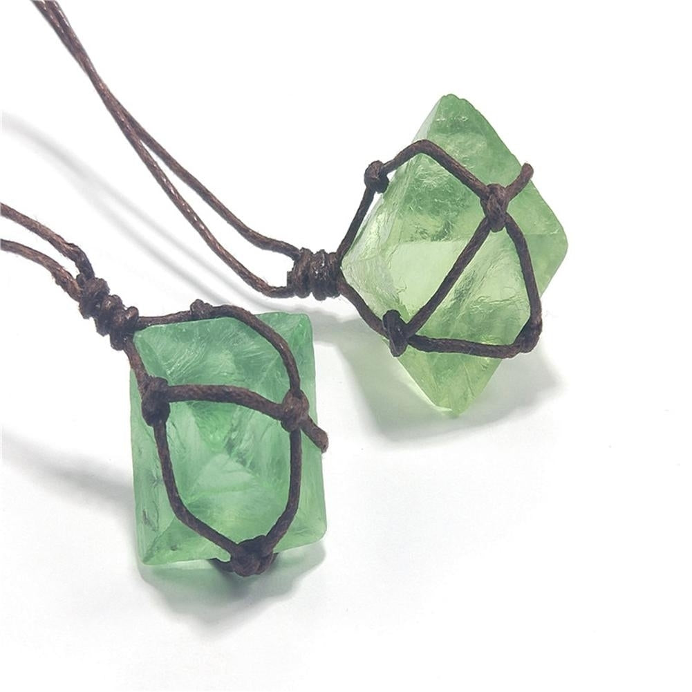 Women Octahedral Faux Fluorite Stone Pendant Woven Rope Necklace Jewelry Gift Image 6