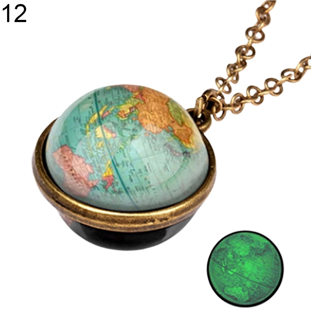 Women Luminous Double-sided Universe Pendant Retro Chain Necklace Jewelry Gift Image 2