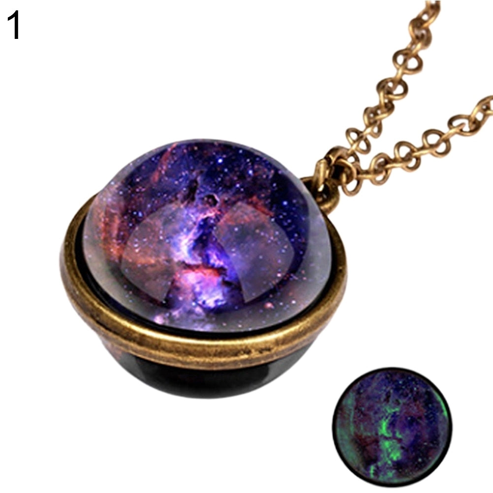 Women Luminous Double-sided Universe Pendant Retro Chain Necklace Jewelry Gift Image 4