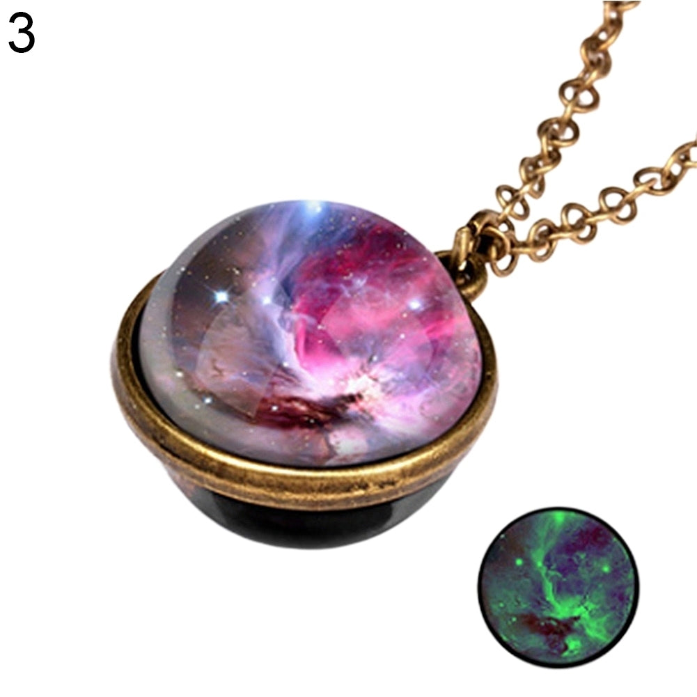 Women Luminous Double-sided Universe Pendant Retro Chain Necklace Jewelry Gift Image 7