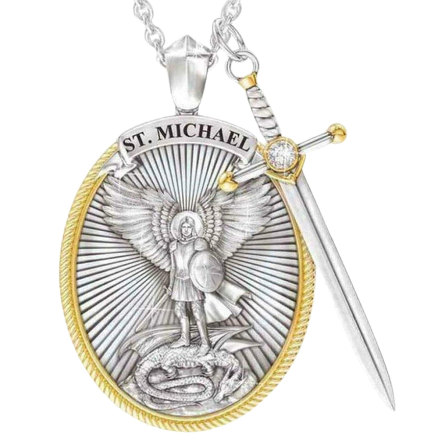 Pendant Necklace Round Shape Peculiar Design Angel Dragon Killer Warrior Necklace for Men Image 1