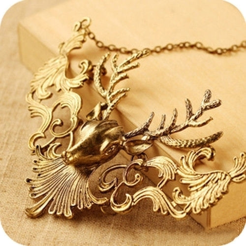 Women Retro Statement Alloy Hollow Deer Head Pendant Insects Necklace Gift Image 4