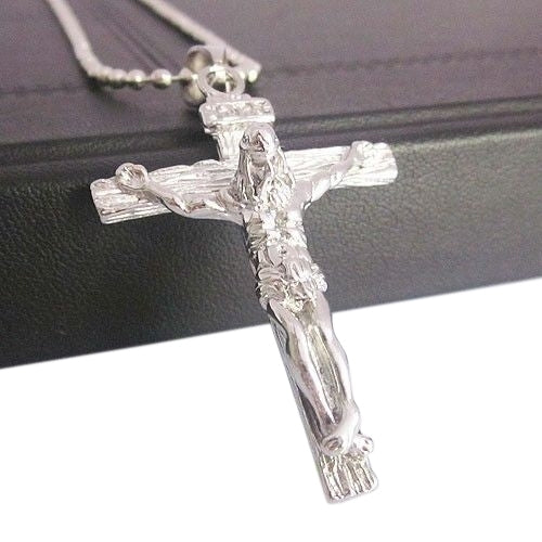 Mens Christian Stainless Steel Jesus on the Cross Pendant Beaded Chain Necklace Image 1