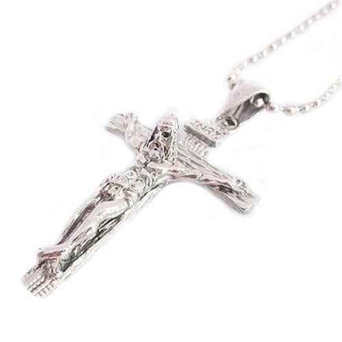 Mens Christian Stainless Steel Jesus on the Cross Pendant Beaded Chain Necklace Image 4