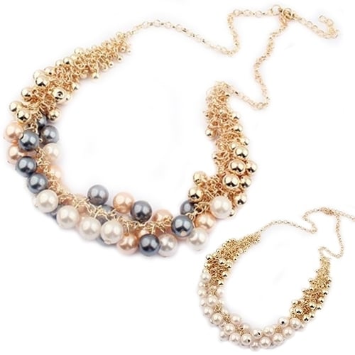 Women Fashion Multilayer Faux Pearl Choker Collar Bib Statement Chain Necklace Image 1