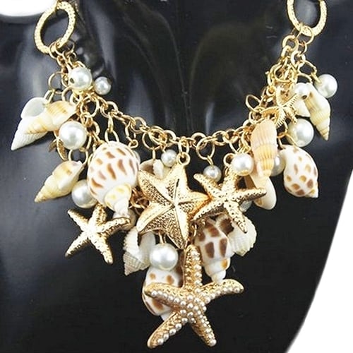 Womens Ocean Sea Shell Faux Pearl Starfish Layered Statement Necklace Jewelry Image 1