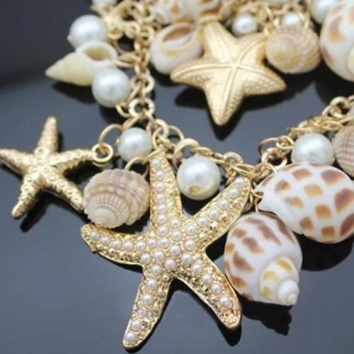 Womens Ocean Sea Shell Faux Pearl Starfish Layered Statement Necklace Jewelry Image 2