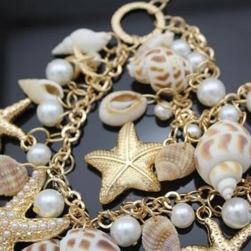 Womens Ocean Sea Shell Faux Pearl Starfish Layered Statement Necklace Jewelry Image 3