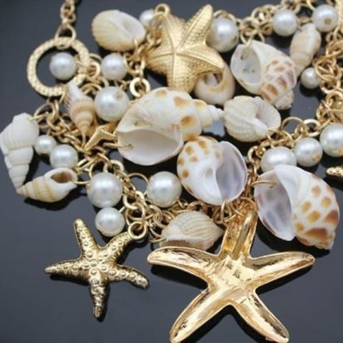 Womens Ocean Sea Shell Faux Pearl Starfish Layered Statement Necklace Jewelry Image 4