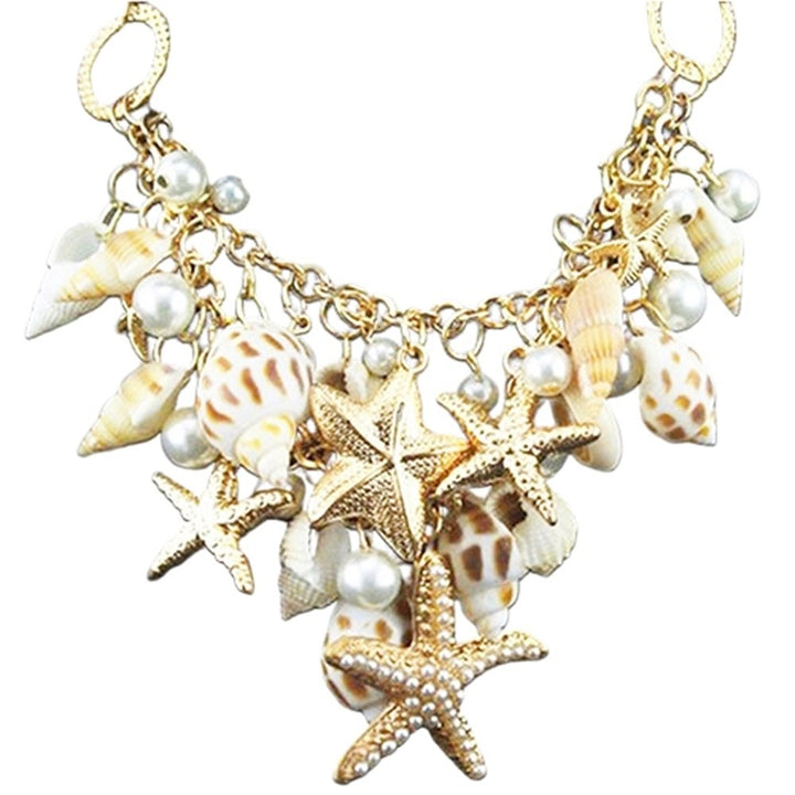 Womens Ocean Sea Shell Faux Pearl Starfish Layered Statement Necklace Jewelry Image 4