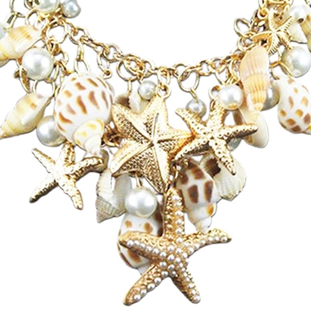 Womens Ocean Sea Shell Faux Pearl Starfish Layered Statement Necklace Jewelry Image 6