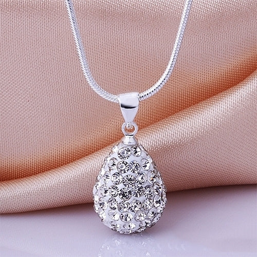 Womens Shiny Silver Plated Rhinestone Water Tear Drop Necklace Pendant Chain Image 1