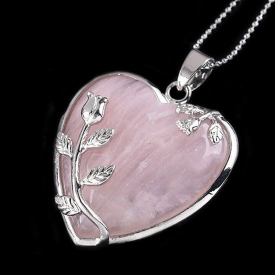 Womens Rose Quartz Alloy Flower Necklace Pendant Heart Inlaid Charm Jewelry Image 1