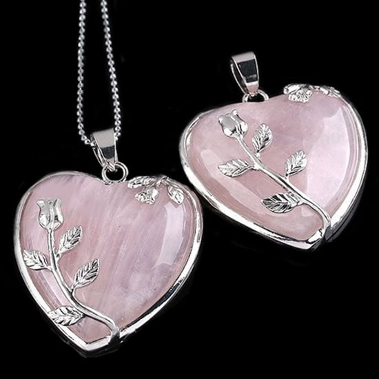 Womens Rose Quartz Alloy Flower Necklace Pendant Heart Inlaid Charm Jewelry Image 2