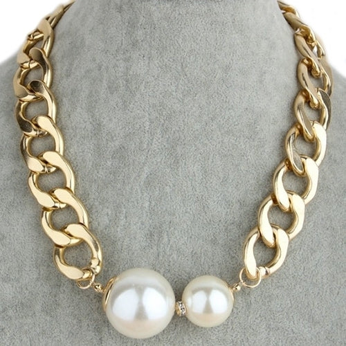 Womens Fashion Big Faux Pearls Curb Chain Choker Collar Statement Necklace Image 1