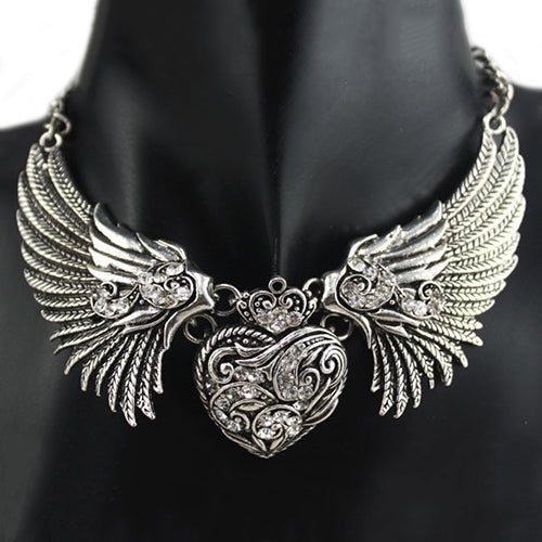 Womens Fashion Rhinestone Heart Angel Wings Statement Necklace Jewelry Image 1