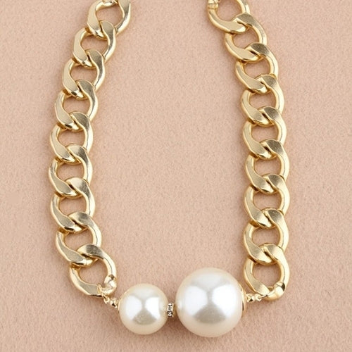 Womens Fashion Big Faux Pearls Curb Chain Choker Collar Statement Necklace Image 2