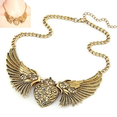 Womens Fashion Rhinestone Heart Angel Wings Statement Necklace Jewelry Image 2