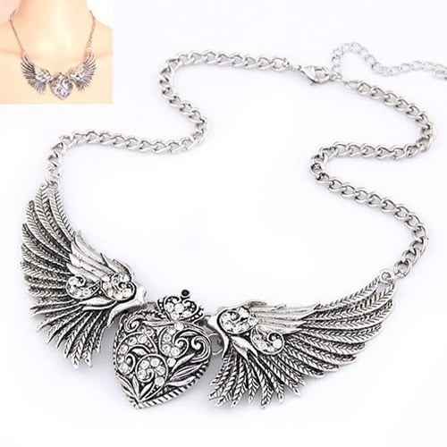 Womens Fashion Rhinestone Heart Angel Wings Statement Necklace Jewelry Image 3