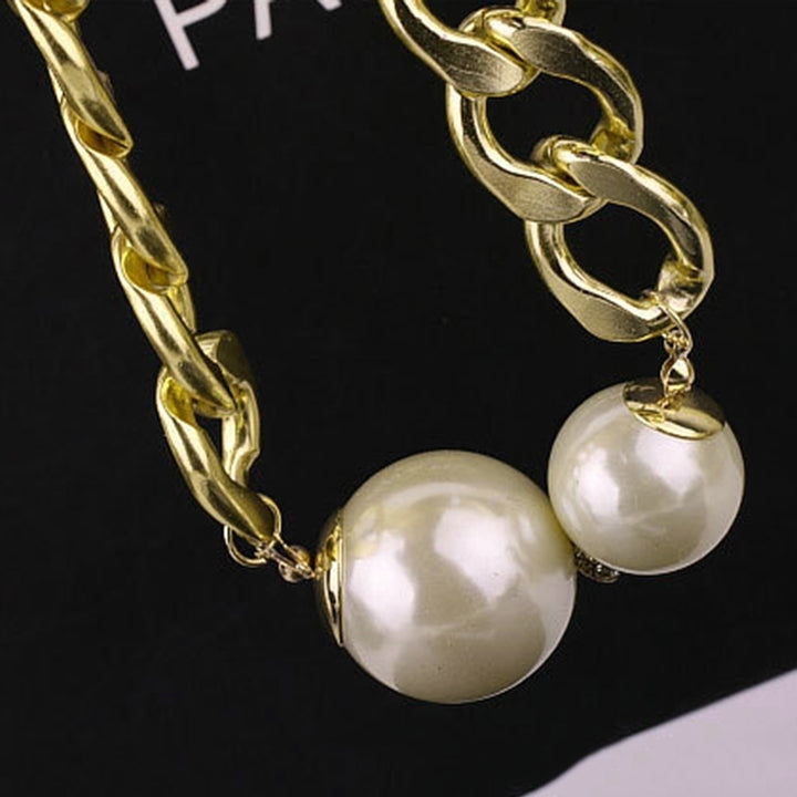 Womens Fashion Big Faux Pearls Curb Chain Choker Collar Statement Necklace Image 4