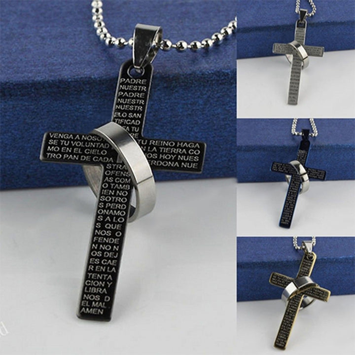 Men Stainless Steel Prayer Cross Ring Pendant Ball Chain Punk Necklace Jewelry Image 1