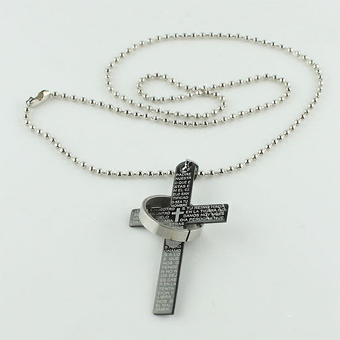 Men Stainless Steel Prayer Cross Ring Pendant Ball Chain Punk Necklace Jewelry Image 2