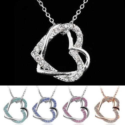 Womens Fashion Silver Plated Double Hearts Rhinestone Pendant Long Necklace Image 1