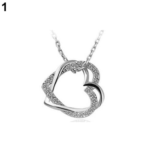 Womens Fashion Silver Plated Double Hearts Rhinestone Pendant Long Necklace Image 2