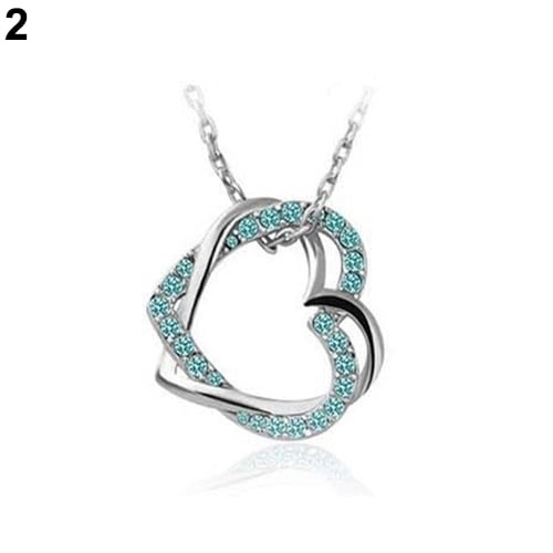 Womens Fashion Silver Plated Double Hearts Rhinestone Pendant Long Necklace Image 3