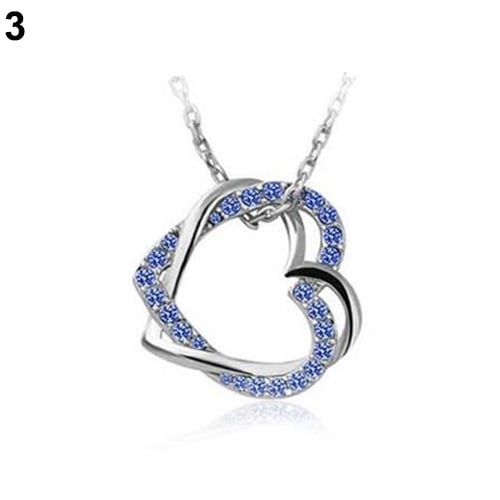 Womens Fashion Silver Plated Double Hearts Rhinestone Pendant Long Necklace Image 4