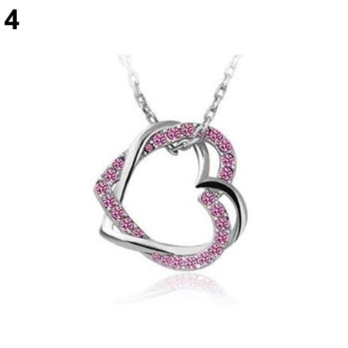 Womens Fashion Silver Plated Double Hearts Rhinestone Pendant Long Necklace Image 4