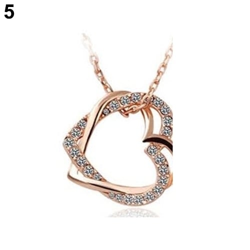 Womens Fashion Silver Plated Double Hearts Rhinestone Pendant Long Necklace Image 6