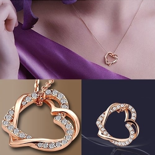 Womens Fashion Silver Plated Double Hearts Rhinestone Pendant Long Necklace Image 7