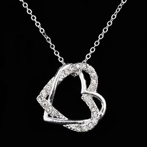 Womens Fashion Silver Plated Double Hearts Rhinestone Pendant Long Necklace Image 8