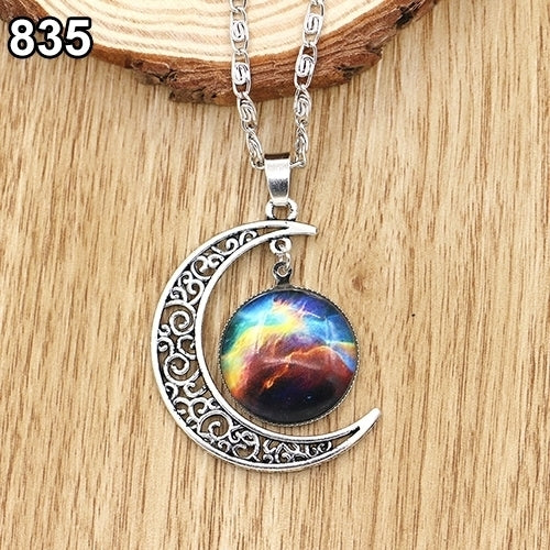 Women Fashion Galactic Glass Alloy Chain Crescent Moon Pendant Necklace Image 2