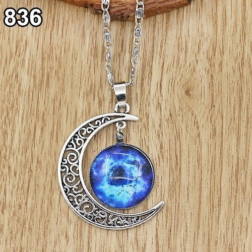 Women Fashion Galactic Glass Alloy Chain Crescent Moon Pendant Necklace Image 3