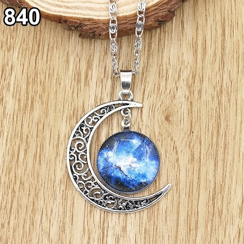 Women Fashion Galactic Glass Alloy Chain Crescent Moon Pendant Necklace Image 4