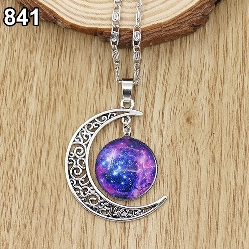 Women Fashion Galactic Glass Alloy Chain Crescent Moon Pendant Necklace Image 4