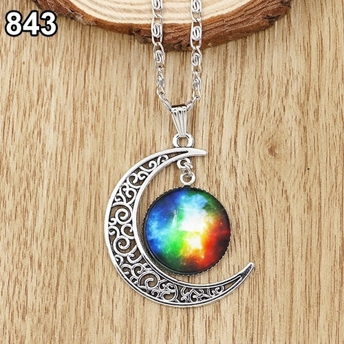 Women Fashion Galactic Glass Alloy Chain Crescent Moon Pendant Necklace Image 6