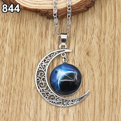 Women Fashion Galactic Glass Alloy Chain Crescent Moon Pendant Necklace Image 7