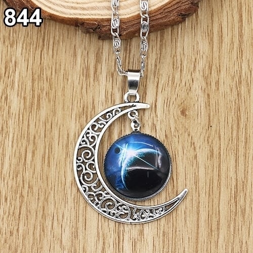 Women Fashion Galactic Glass Alloy Chain Crescent Moon Pendant Necklace Image 1