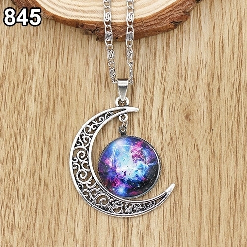 Women Fashion Galactic Glass Alloy Chain Crescent Moon Pendant Necklace Image 8