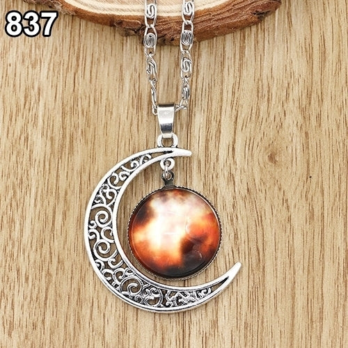 Women Fashion Galactic Glass Alloy Chain Crescent Moon Pendant Necklace Image 11