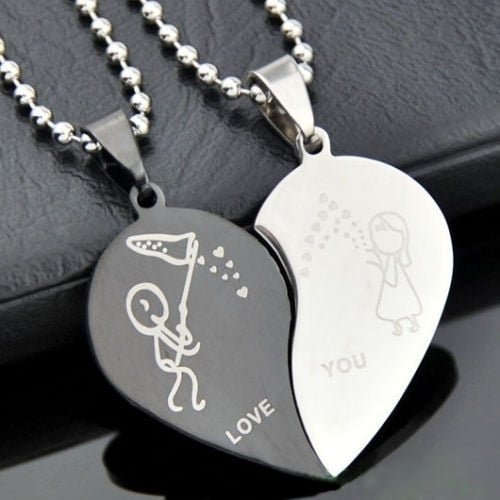 Fashion Mens Womens Stainless Steel Love Heart Shaped Couple Pendant Necklace Image 1