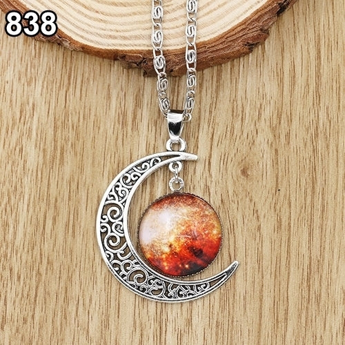 Women Fashion Galactic Glass Alloy Chain Crescent Moon Pendant Necklace Image 12