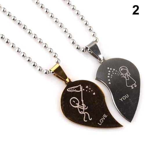 Fashion Mens Womens Stainless Steel Love Heart Shaped Couple Pendant Necklace Image 3